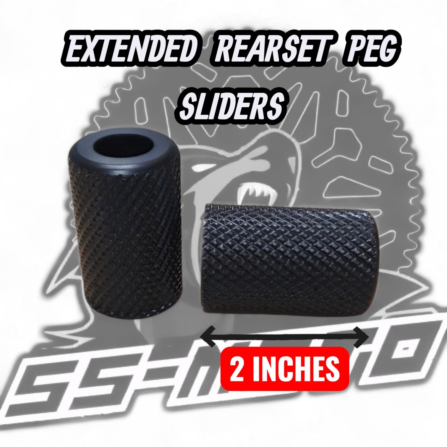 SS-MOTO extended rearset peg sliders in black with a textured knurled grip, measuring 2 inches in length.